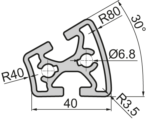 Closed Aluminium profile R40/80 30°