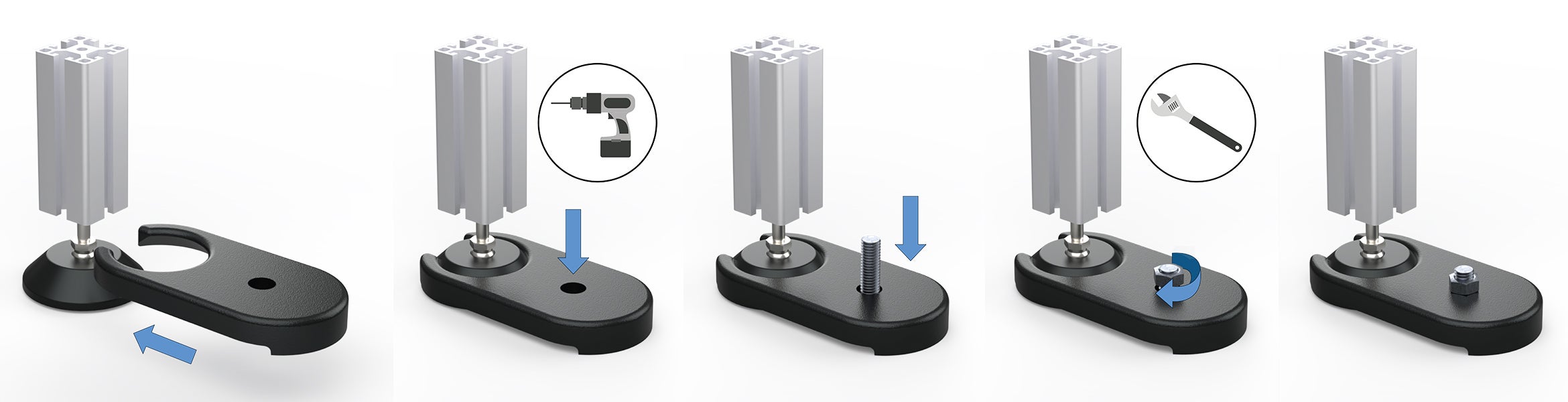 Assembly of floor mount for adjustable feet with trapezoid base